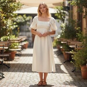 Forever 21 Women's M Cream Linen Blend Smocked Puff Sleeve Open Back‎ Midi Dress